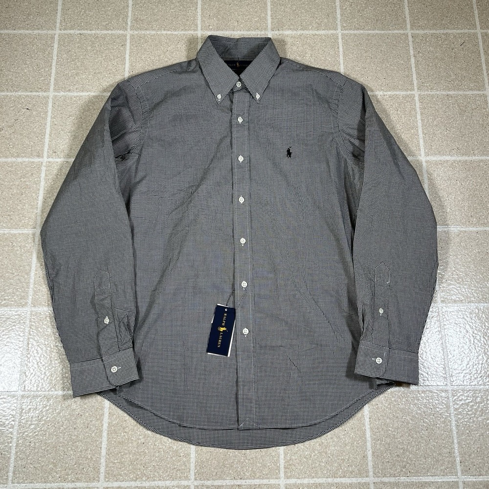 Polo Ralph Lauren Shirt Sz Med Black Mini Gingham Check Button Down Stretch Fit